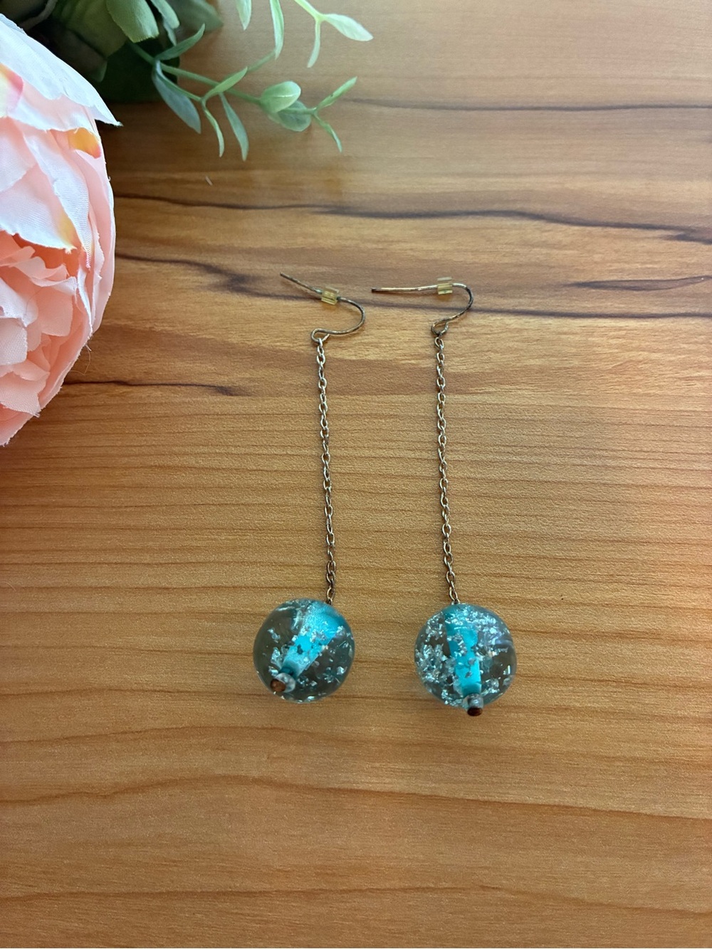 Handmade Turquoise Glass Drop Chain Earrings